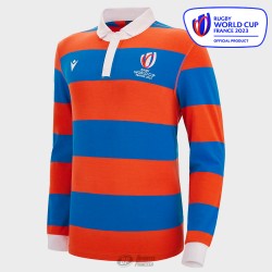 MACRON RUGBY WORLD CUP COTTON RUGBY POLO SR WIDE STRIPES ROYAL/ORANGE.