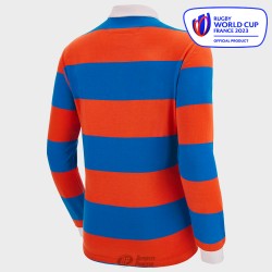 MACRON RUGBY WORLD CUP COTTON RUGBY POLO SR WIDE STRIPES ROYAL/ORANGE.